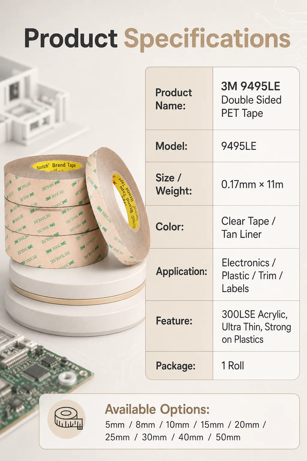 3M 9495LE Doppelseitiges PET-Klebeband 300LSE Acrylklebstoff für Elektronik-Kunststoffteile und Autoteile 0,17mm 11m – Detail 5