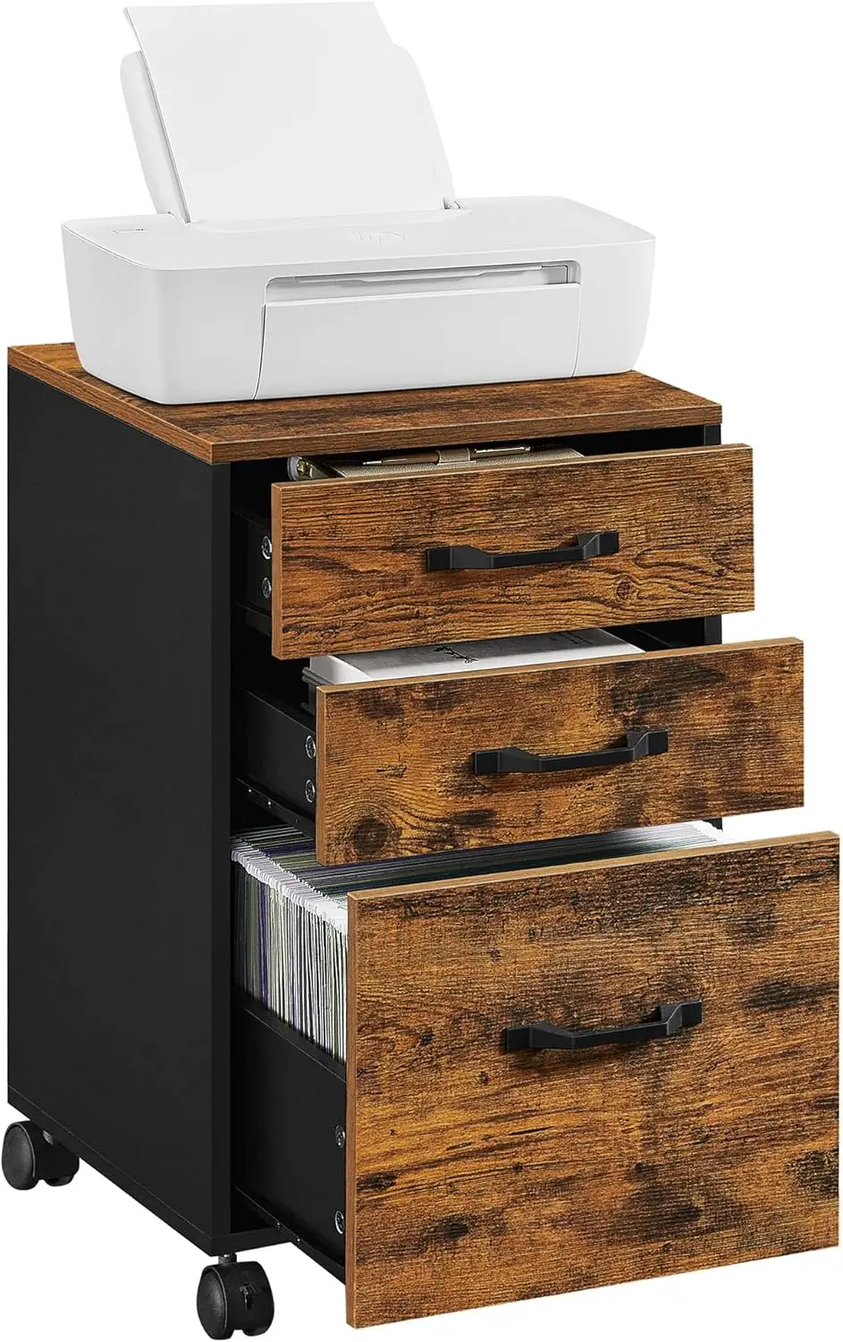 

3-Drawer Rolling File Cabinet for Home Office, A4 Letter Size with Hanging Folders in Rustic Brown and Ink Black
