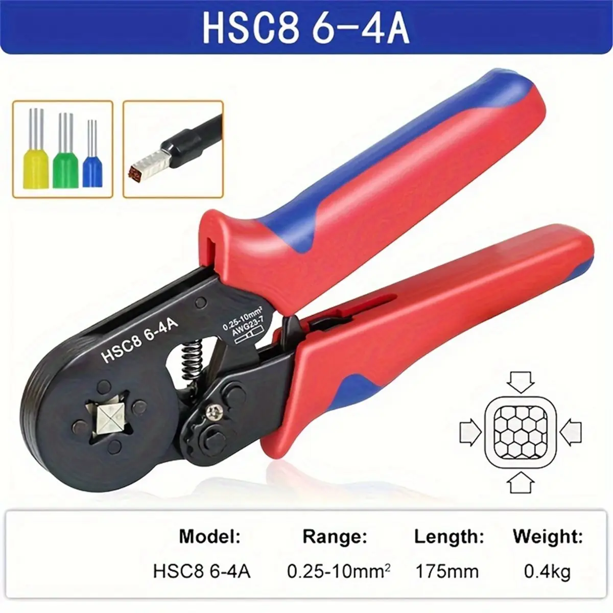Crimper Plier HSC8 6-4 0.25-10mm ² for Ferrule Tubular Terminals Ferrule Crimping Clamp Set Wire Head Electrician Tool