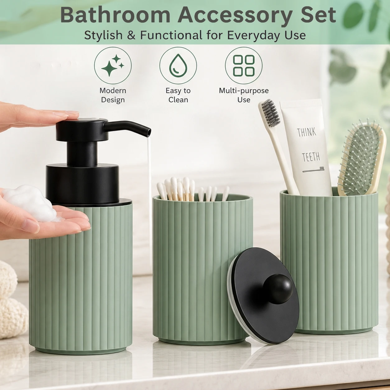 5Pack Bathroom Accessory Set, Refillable Shampoo Conditioner Body Wash Pump Bottles & Storage Jars, Wheat Straw Countertop Decor