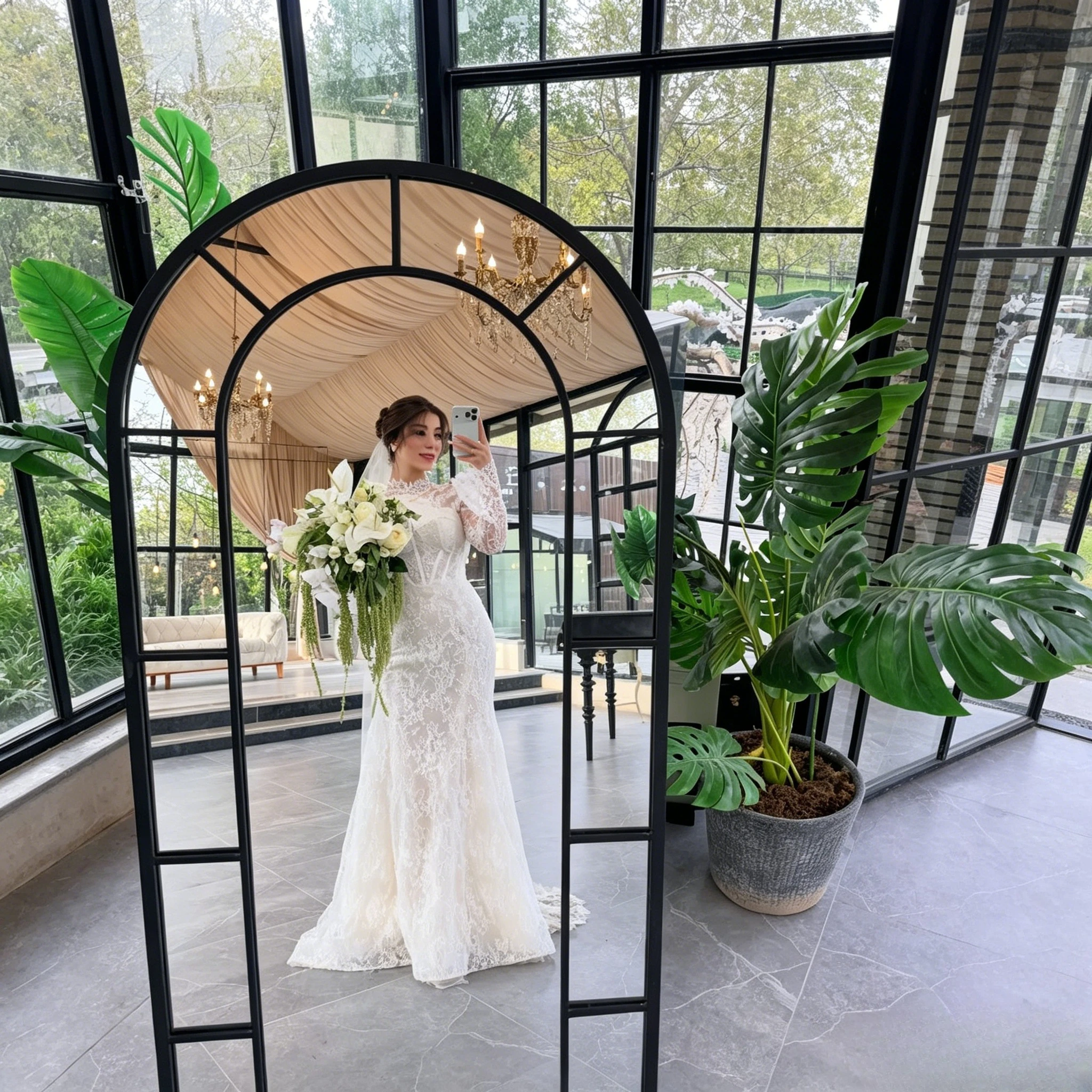 Full Lace Mermaid Wedding Gown Featuring Sheer High Mock Neck Long Full Lace Sleeves Vertical Bone Structured Corset Under Bust