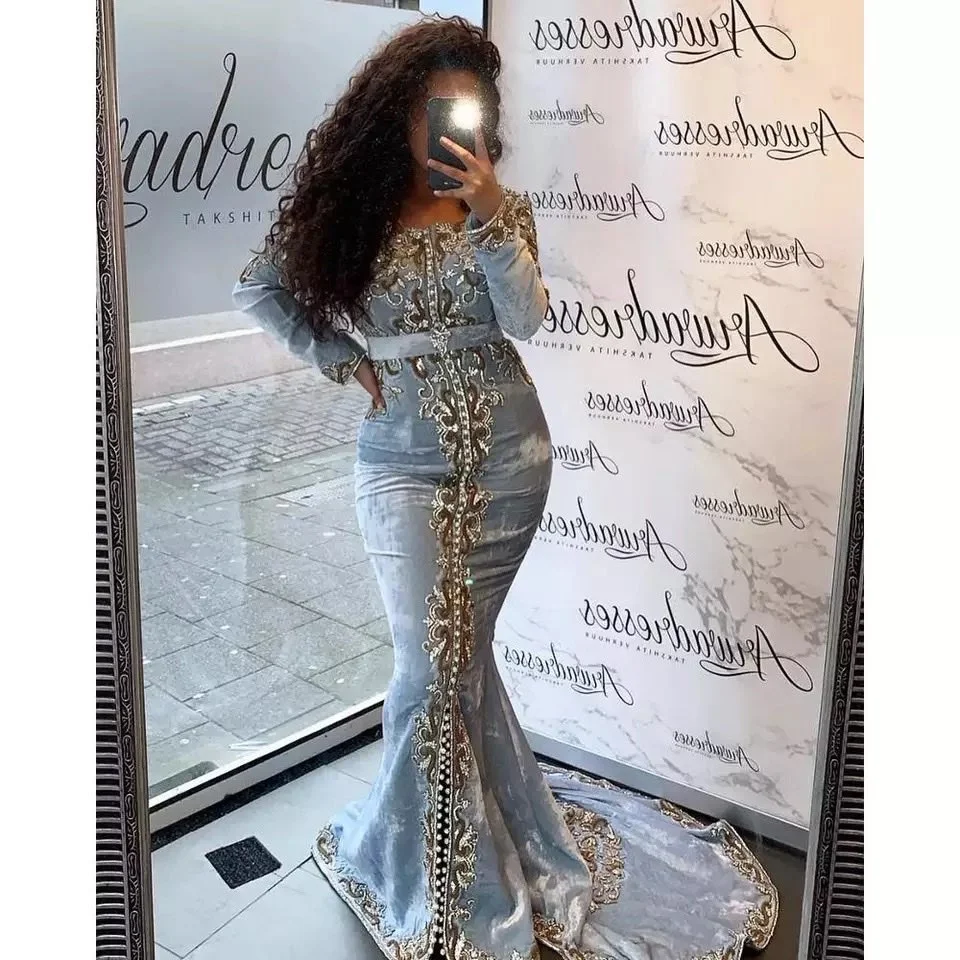 

Long Sleeve Evening Dresses Mermaid Evening Gowns In Stock Gold Lace Velvet Arabic Muslim Formal Dress Abendkleider 2023 New