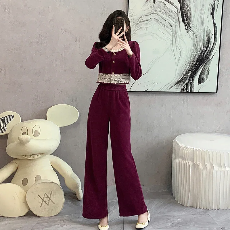 New Spring Autumn Women Elegant Pants Suits High Quality Lace Patchwork Short Jacket And High Waist Long Pants Two Piece Set