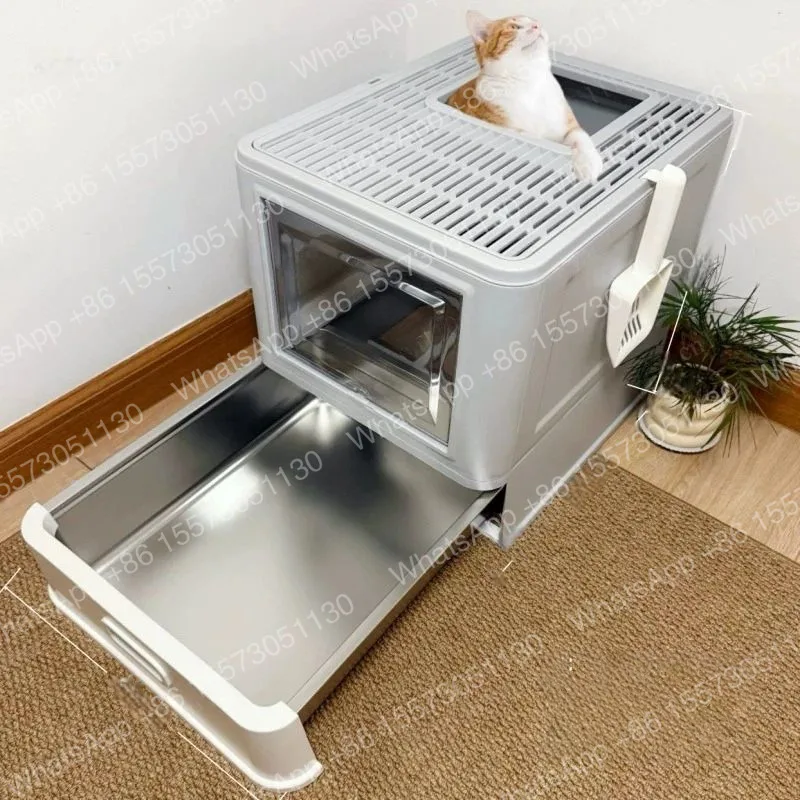 Stainless Steel Closed Cat Litter Box,Splash-Proof Foldable Drawer Design,Odor Control Enclosed Toilet,Easy Clean Pet Supplies