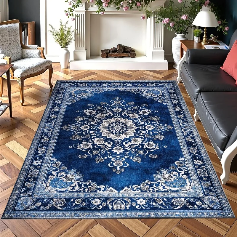 Vintage Oriental Floral Pattern Area Rug Flannel Carpet Non Slip Floor Mat for Living Room Bedroom Traditional Blue Home Decor
