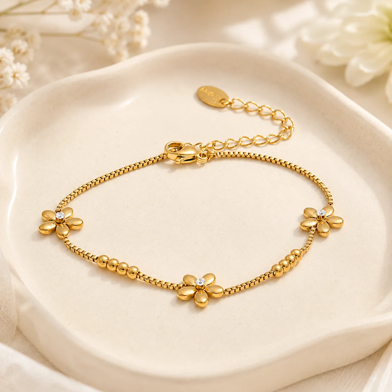 Roochain Diamond-Encrusted Small Flower Gold Bead Snake Bone Bracelet, Gold-Plated Adjustable Extension Chain, Versatile Women's Jewelry, Surprise Gift