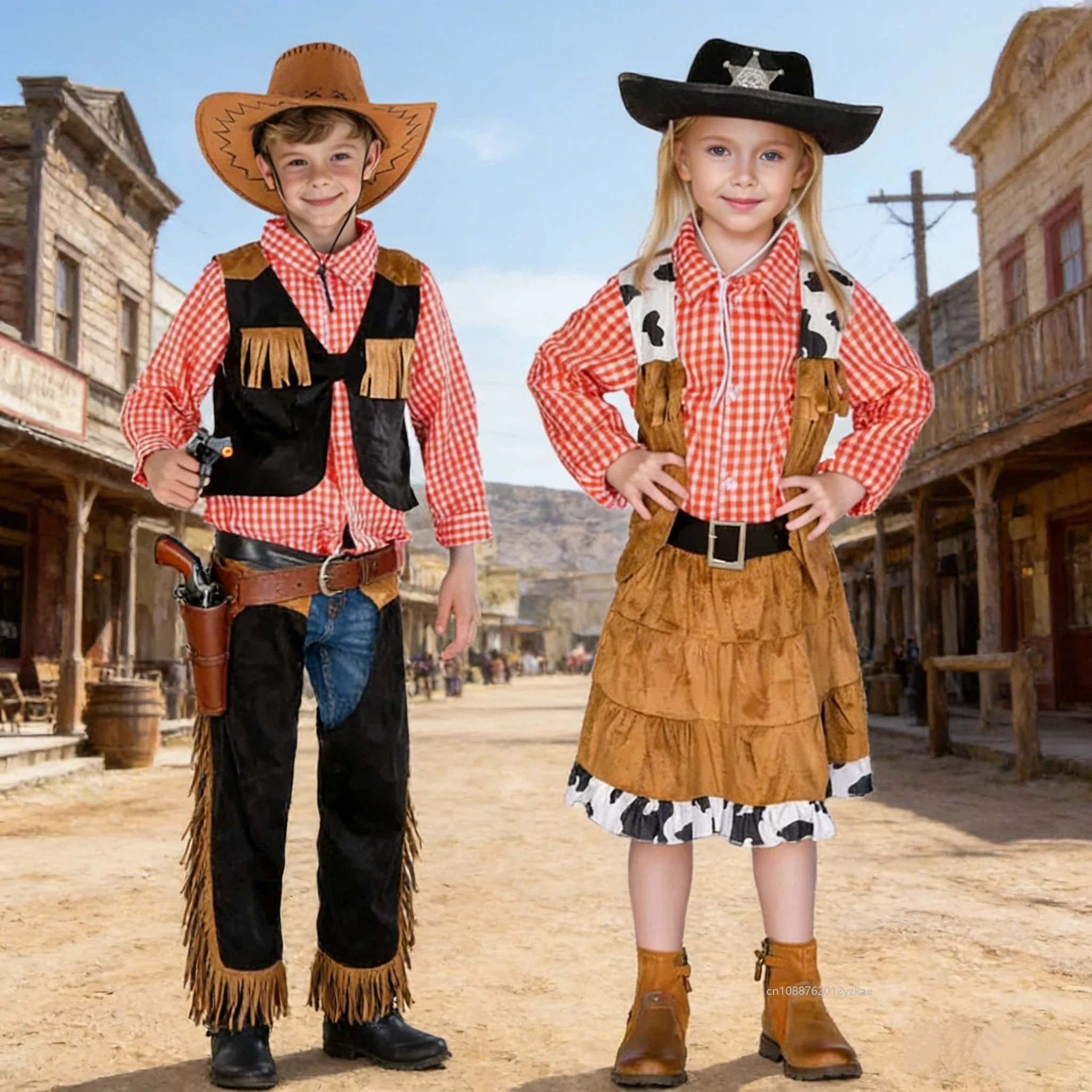 

Hermanos Halloween Niño Cowboy Costume Western Niña Outfit Carnival Party Stage Costume Enfant Checkered Vest Skirt Outfit 2026