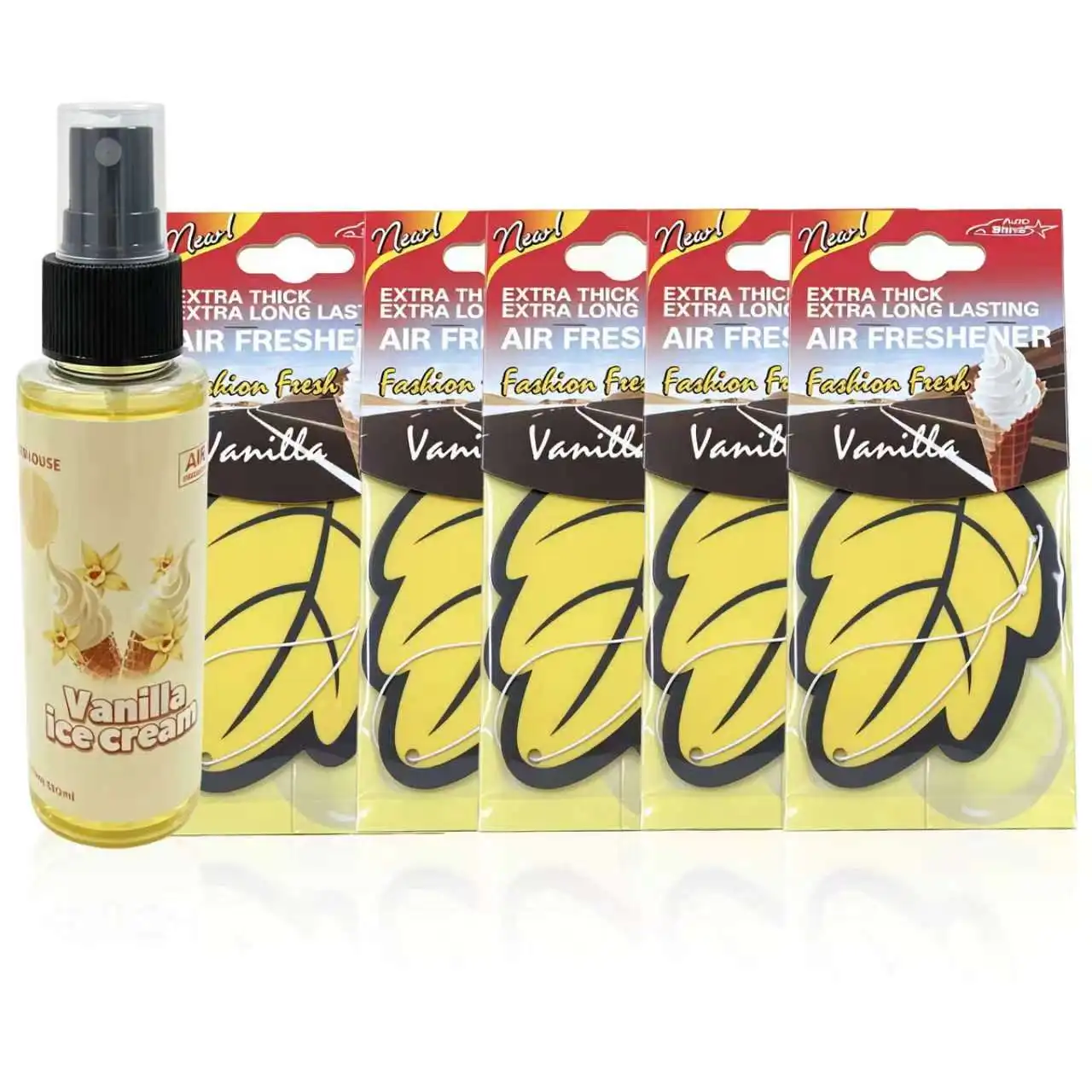 1+5 Vanilla Ice Cream Scent Air Freshener Bundle - 1 Spray + 5 Hanging Car Air Freshener Leaves, Odor Eliminator for Vehicle