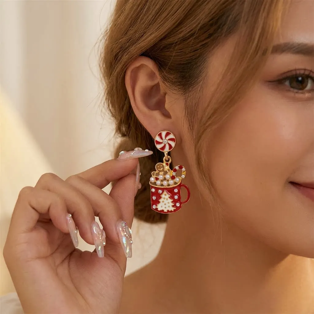 Christmas Red Enamel Mug Earrings for Women Inlaid Zircon Imitation Pearl Xmas Tree Candy Cane Gingerbread Man Earrings Jewelry