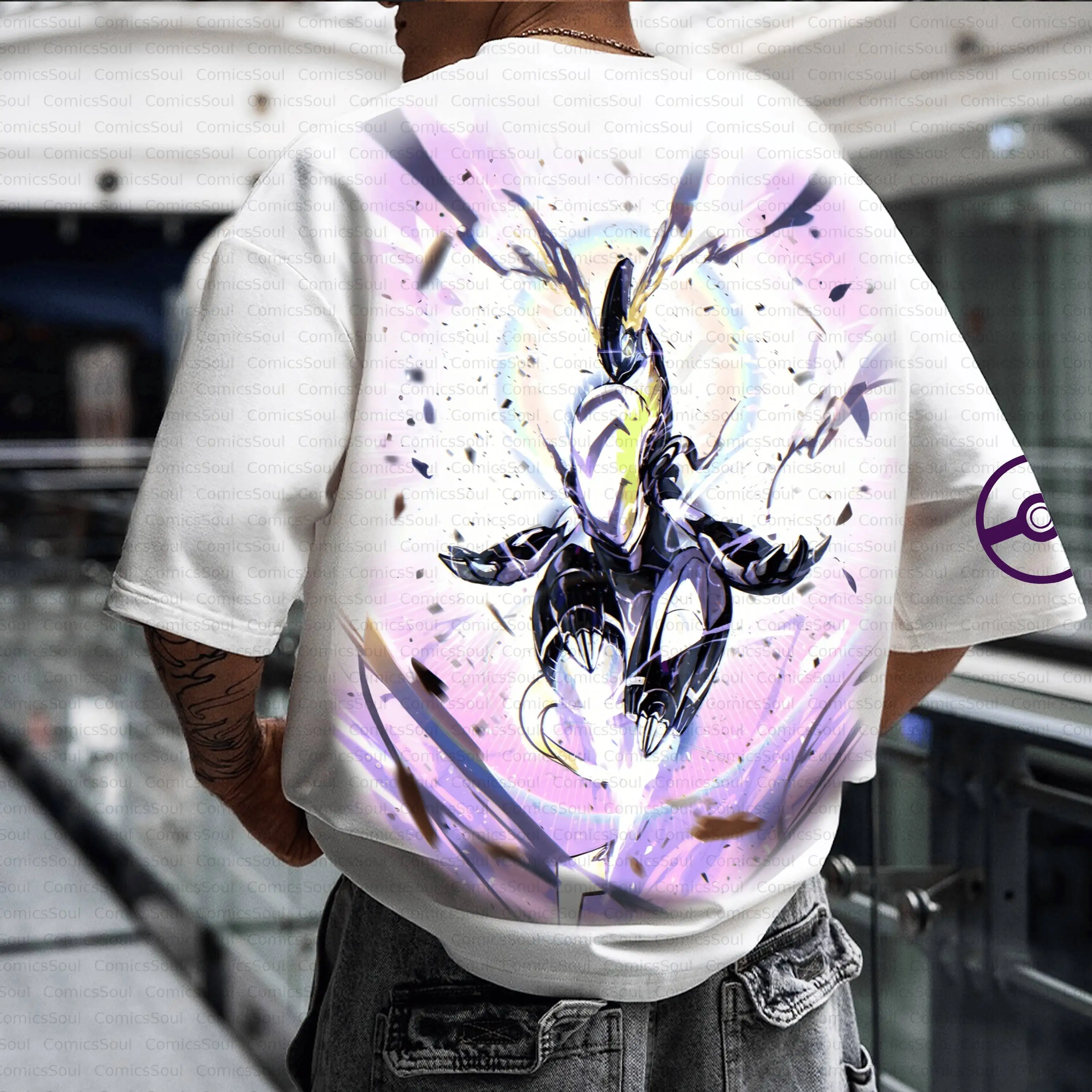 

Летняя футболка 2026 года с принтом Scizor на спине, из чистого хлопка, фиолетово-желтая, с эффектом «сияющей мощи», свободного кроя, унисекс, повседневная уличная мода