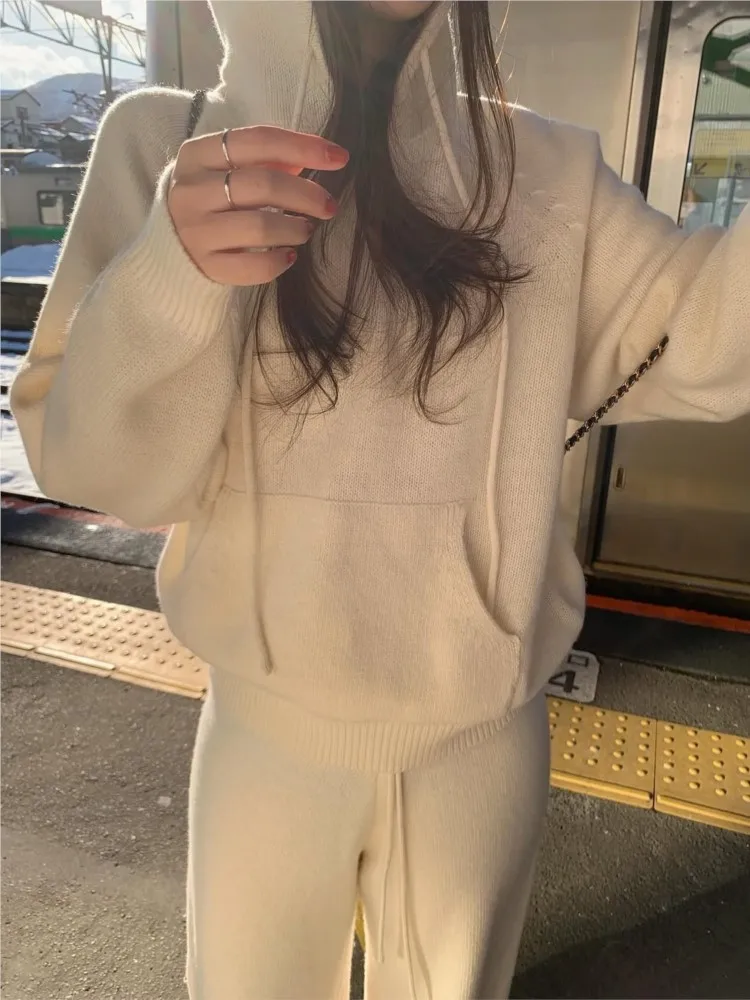 Winter Korean Style Knitted Hoodie Set Women Drawstring Pants 2 Piece Outfit Slimming Warm Tracksuit Casual Loungewear Suithic