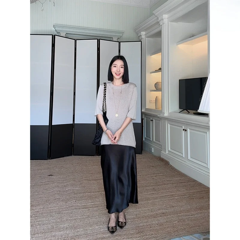 

Летний шелковый вязаный топ с юбкой-рыбьим хвостом, свободный крой, комфортный, для отдыха, с атласной поверхностью, от Guo Jiujiu