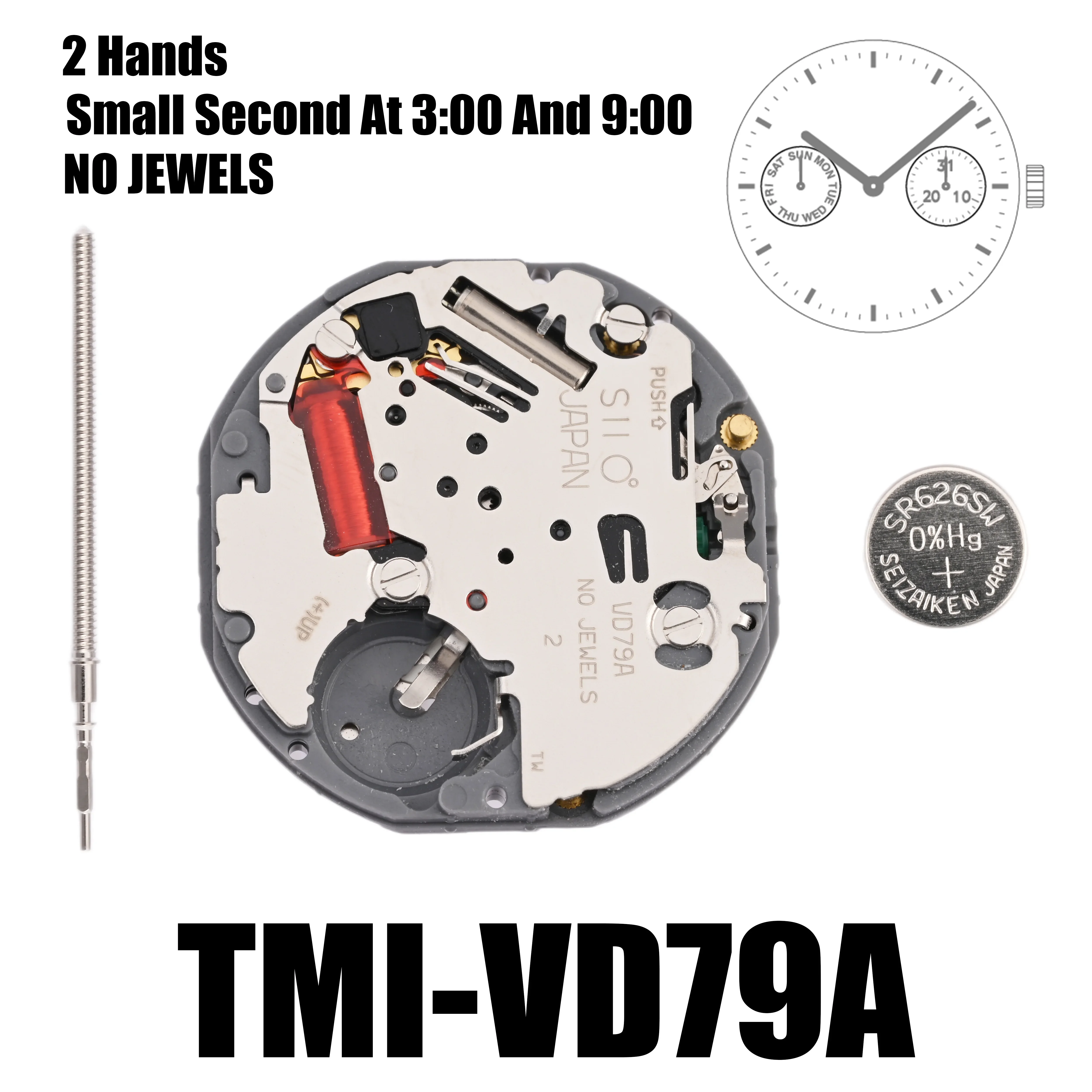VD79 Movement Tmi VD79 Movement 2 Hands Multi-eye Movement Multi-eye (day, date, 24 hr, small sec) Size: 10 ½‴  Height: 3.45mm