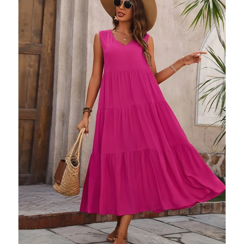 Solid Color Sleeveless Women's Long Dress Elegant Holiday V-neck Pullover Layered Patchwork Hem Loose Cake Dress New Style 2025