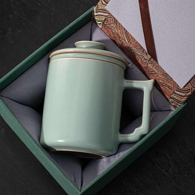 Ru Ware Office Cup Tea Mug Ceramic Filter with Cover and Water Separation Hand Gift Box