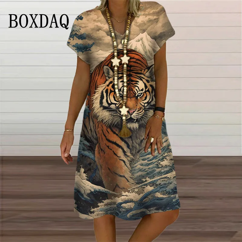 New Summer Retro Painting Tiger Women Dresses For 2023 Oversized Clothing Casual V-Neck Short Sleeve Loose Ladies Pullover Dress