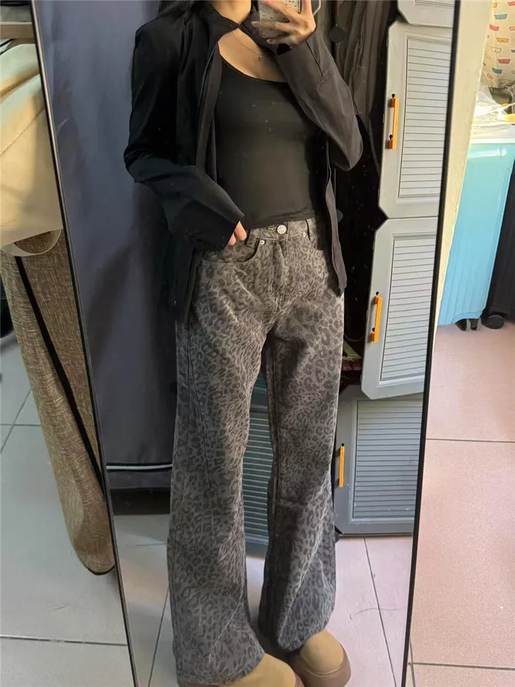 

plus Size Leopard Print High Waist Straight Leg Jeans Women's Spring Autumn Long Design Slimming American Retro Wide Leg Pants