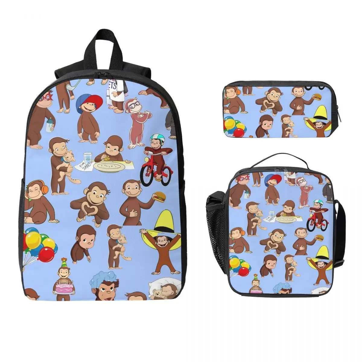 Anime Curious George Monkey Backpack Boys Girls BookBag School Bag Computer Shoulder Bags 3ps Insulated Lunch Bag Pencil Case