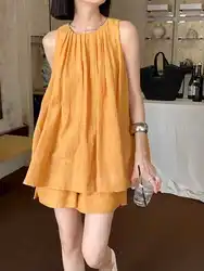 Summer 2024 Women's Cotton Linen Loose Fit Thin Sleeveless Top And Shorts Two-Piece Set Color Fashionable Ensemble