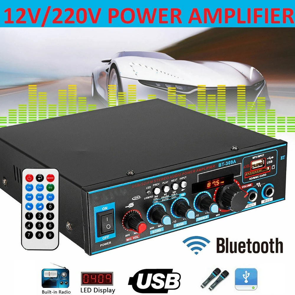 12V 220V 800W Bluetooth 5.0 Amplifier For Speakers 2.0 Channel Car Audio Power AMP Bass HIFI Music Player AUX FM TF With Remote