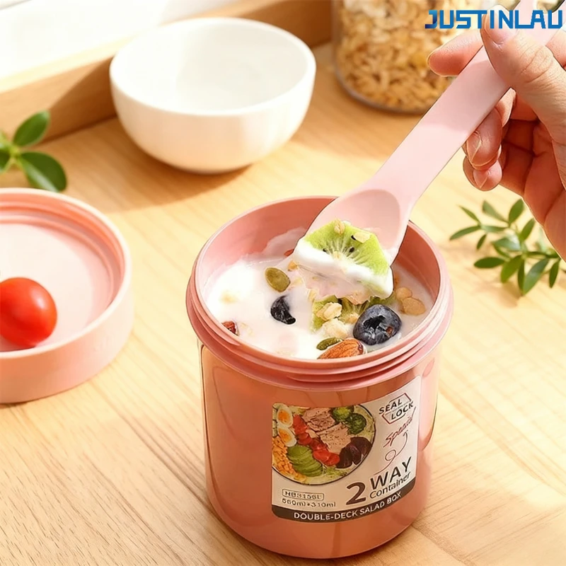 Taza de avena para ensalada de 790ml/990ml, taza doble para desayuno, juego de recipientes para cereales, nueces y yogur con soporte para aderezo, tenedor, preparación de comidas