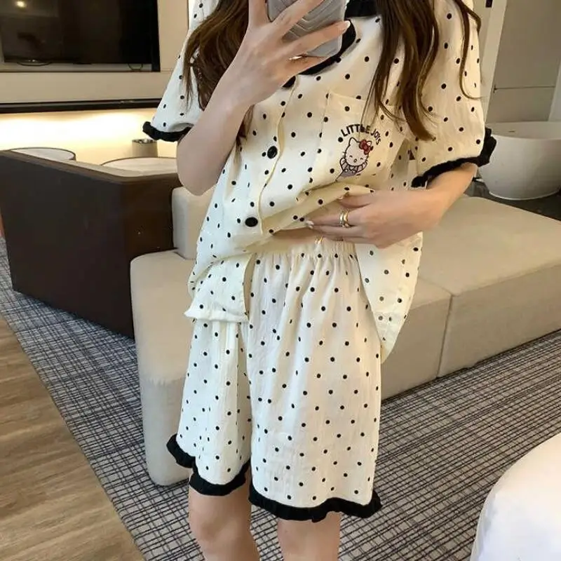

Sweet Kawaii Student Polka Dot Home Suit Summer New Collection Cartoon Anime Lace Short Sleeved Japanese Girls' Pajamas Soft