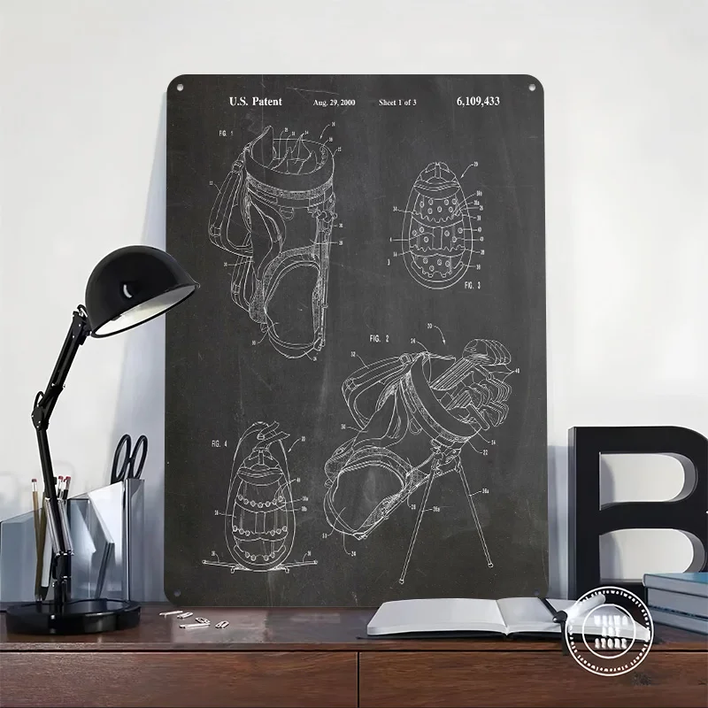 Golf Bag Patent Blueprint Tinplate Poster Custom Wall Art Vintage Metal Signs Retro Tin Plaque for Office Decoration Gaming Home