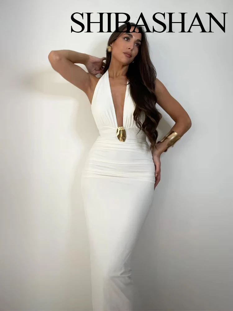 

HH Women's New Fashion Sexy Dresses White V-Neck Sleeveless Backless Decoration Female Summer Beach Style Slim Long Dress