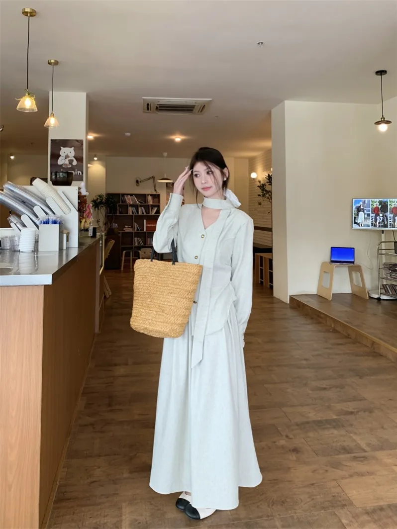 Women's Office Skirt Suit Old Money Y2K Aesthetic V-neck Chic Asymmetrical Gray Long-sleeve Shirt High-waisted Slim A-line Skirt