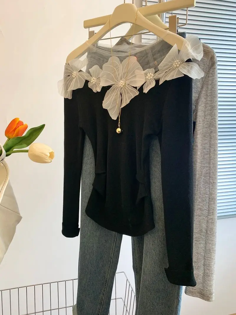 

Three Dimensional Flower Long Sleeved T-shirt for Women Autumn Slim Waist Design Niche Base Shirt Top