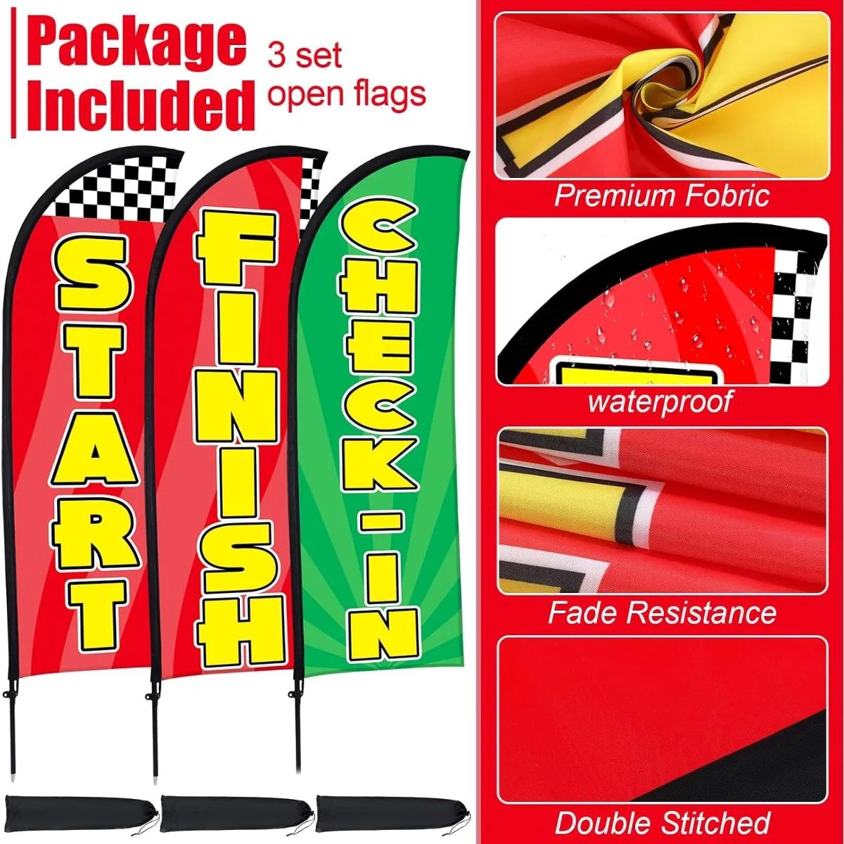 3PCS Feather Flag Set Start Finish Check-in Banner 8FT Swooper Flag with Pole Kit for Marathon Events