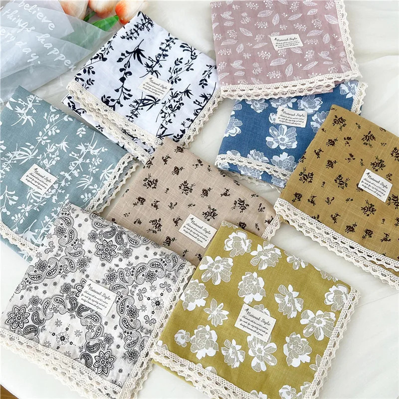 

Cotton Linen Lace Edge Square Scarves 60cm Kerchief Neckerchief Bandanas Women Casual Neck Scarf Plaid Print Geometric Pattern