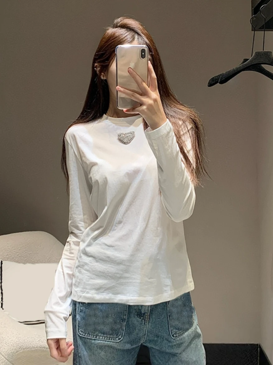 

Spring 2025 Heavy Diamond Embedded Casual Long Sve White T-irt Women's Faionable Versatile Loose Fit round Ne Top