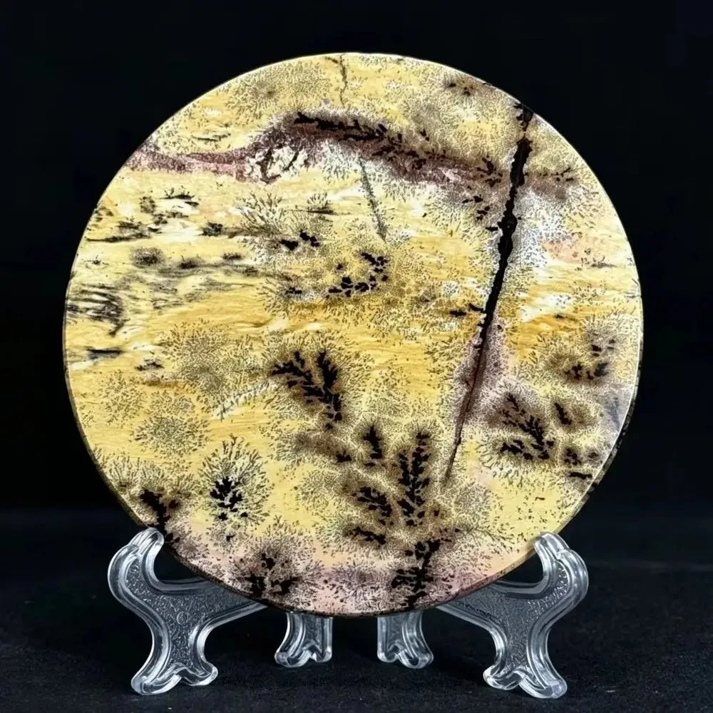 Natural Crystal Slate Guohua Stone Round Slice with Base, Chinese Painting Stone, Spiritual Energy Healing Quartz, Home