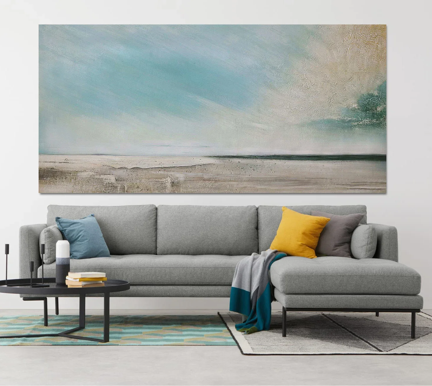 New abstract large-size 100% hand painted oil painting simple blue-green sky beach landscape painting for living room wall decor