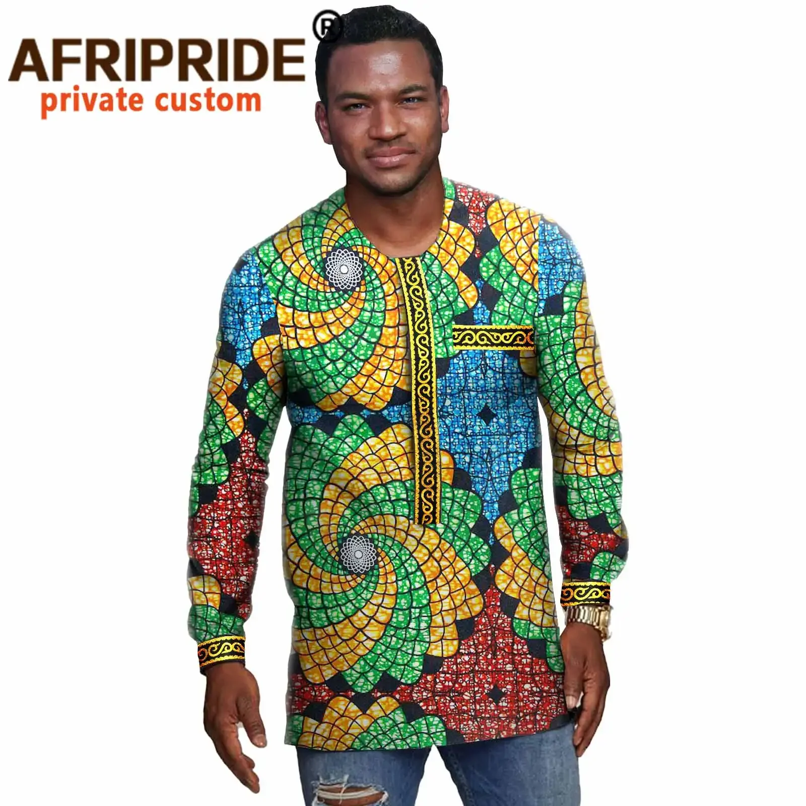 African Shirts for Men Print Shirt Crop Tops Long Sleeve O-neck Casual Blouse Plus Size Pure Cotton Bazin Riche Clothes A2112001