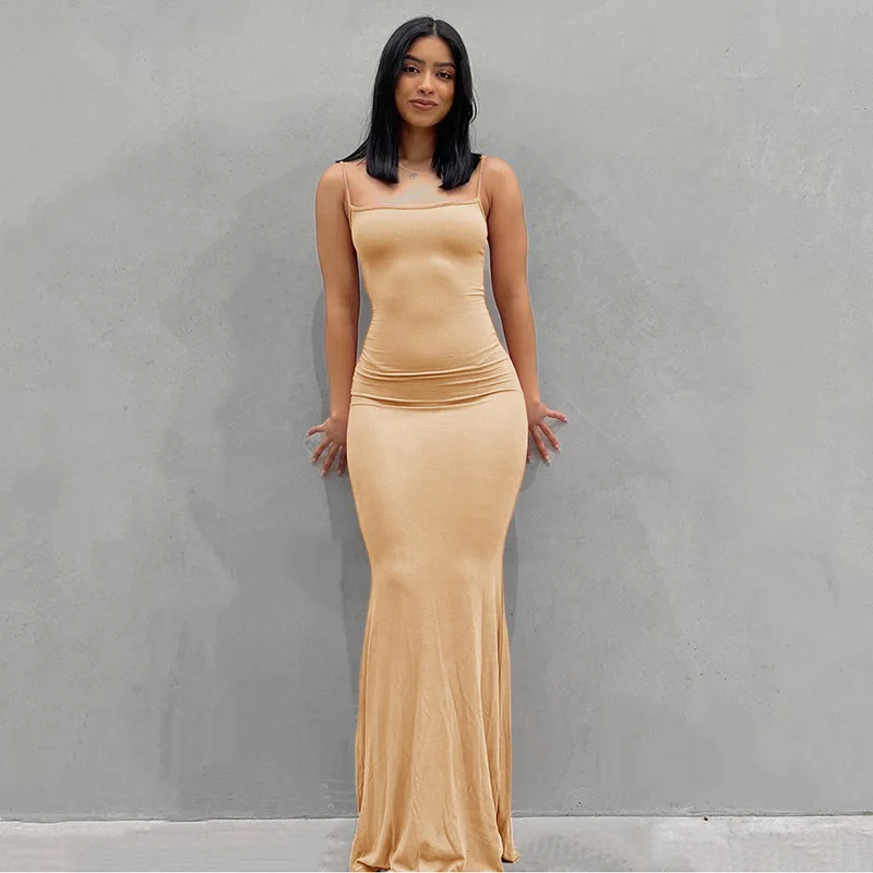 Vestido longo preto com cinta de espaguete feminino, vestido bodycon, trompete maxi, monocromático, sem mangas, magro, sexy, verão, Y2K, 2022