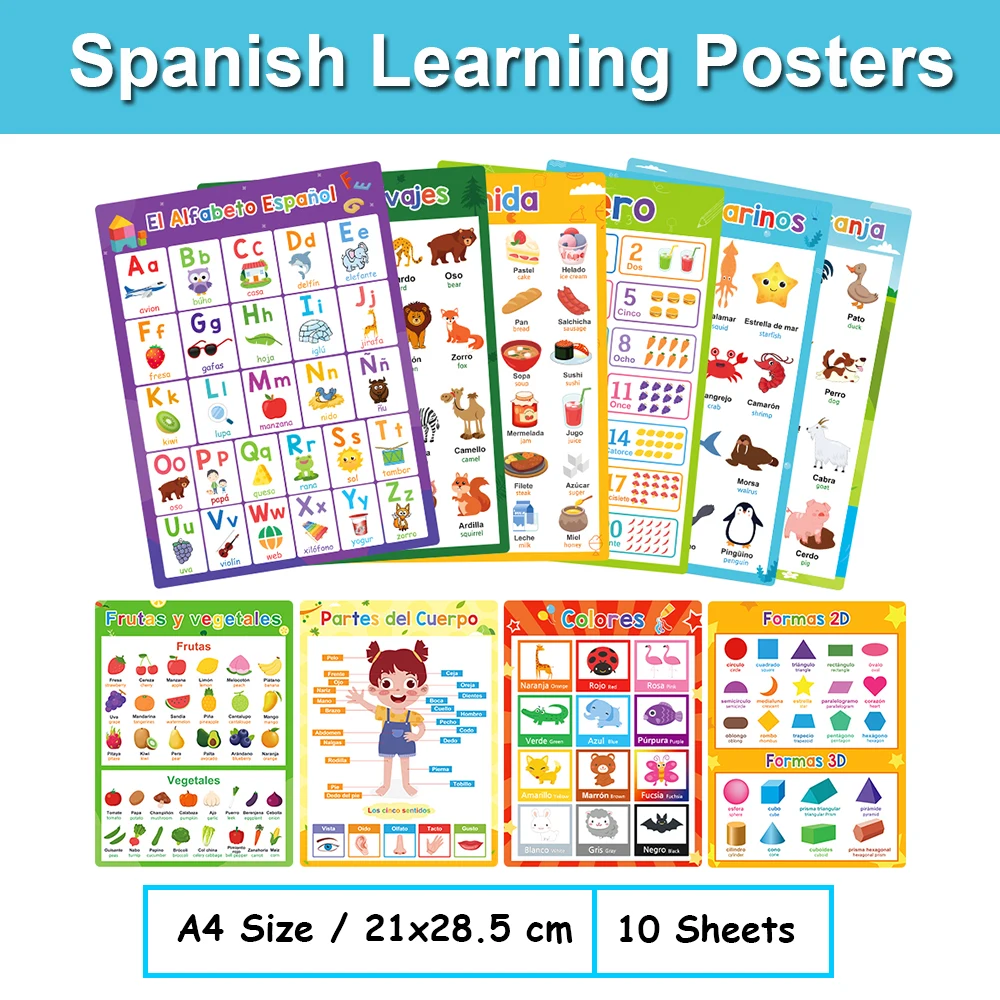 Spanish English Bilingual Words Learning A4 Posters Charts for Kids Kindergarten Classroom Decoration Teacher Teaching Aids