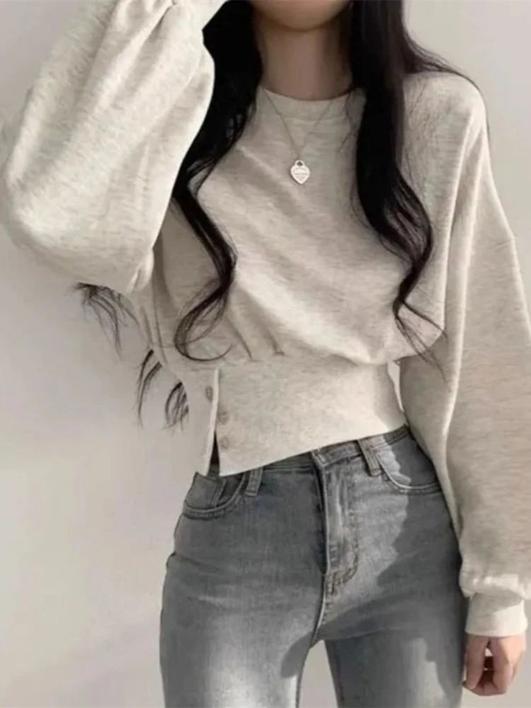 Fashion High Street Autumn O Neck Long Sleeve Short Sweatshirt Y2k Aesthetic Slim Waist Side Buttons Design Hoodie All Match Top