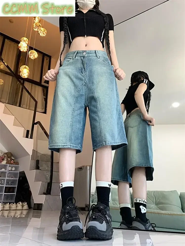 

Summer Street Women's Regular Cropped Jeans Young Girl Wide Leg Denim Shorts Female High Waist Loose Retro Capris Pants