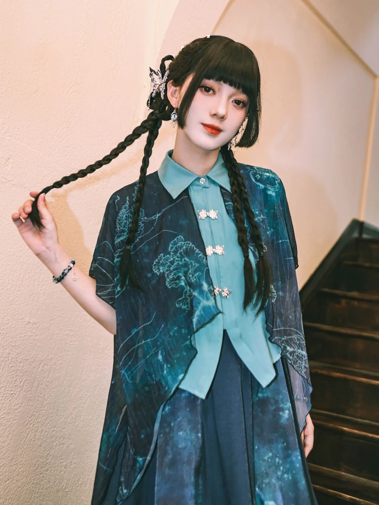New Chinese Style Double-Layer Chiffon Cotton Shirt Women's Summer Design National Short Sleeve Top