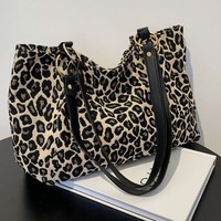 Women Leopard Print Tote Bag Large Capacity Shoulder Bag Winter Fashion Corduroy Handbag