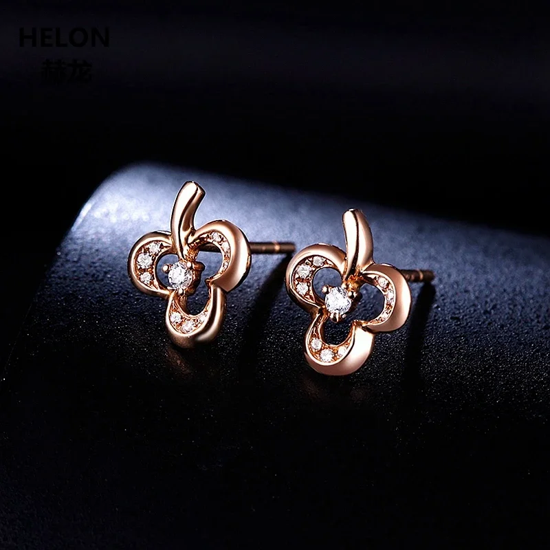 Solid 14k Rose Gold Natural Diamonds Women Stud Earrings Cut Romantic Fine Jewelry Engagement Wedding Earrings