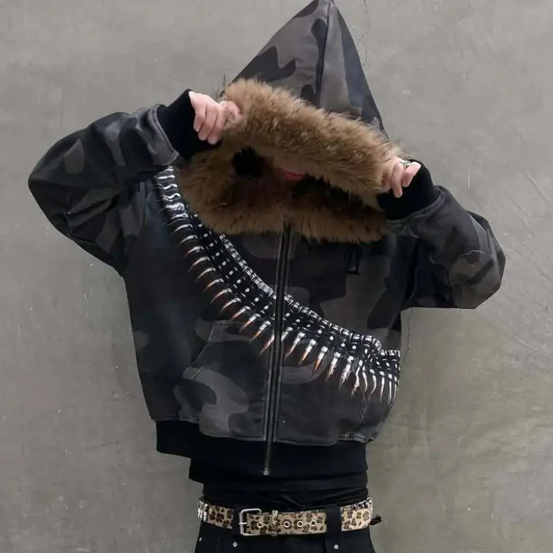 

Зимняя удобная теплая свободная женская толстовка на молнии с длинными рукавами 2000-х годов, забавная плюшевая толстовка с принтом пули на Хэллоуин, готический панк