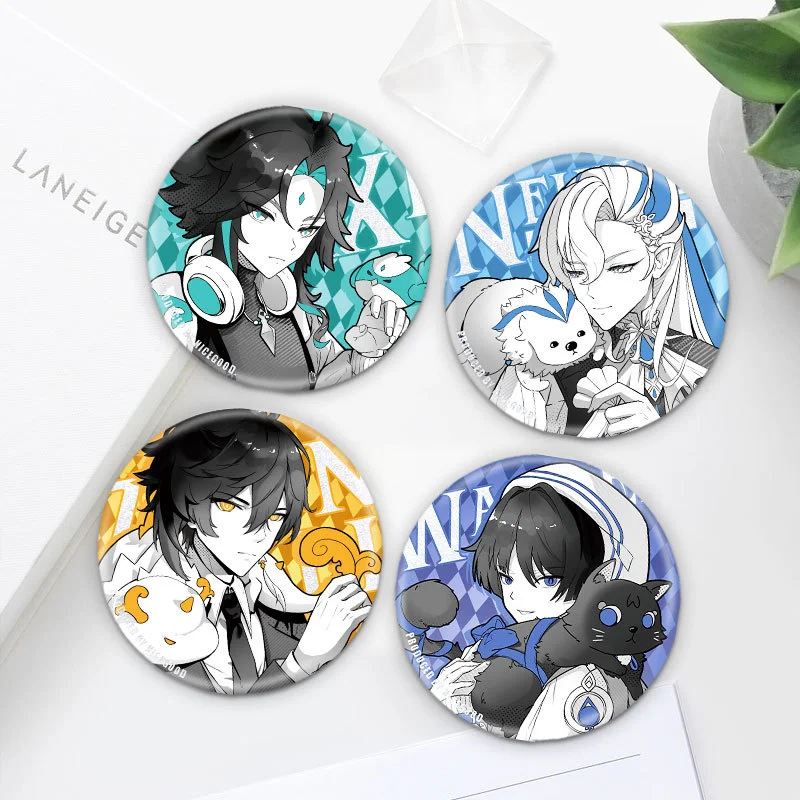 1PC Anime Game Genshin Scaramouche Neuvillette Reflective Badges Brooches Men Clothes Scarves Pins Decorations Beautiful Gifts