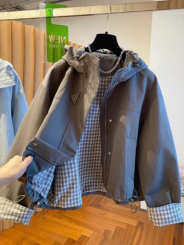 

Loose Casual Women's Workwear Jaet with Hood Plaid Splicing ort Top plus Size Spring New Sle Commute Sle Pear Body pe