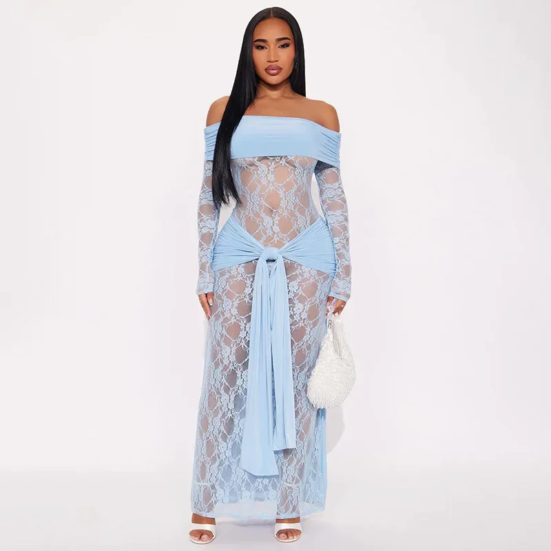 Leosoxs 2025 Fall Womens Patchwork Sheer Lace Off Shoulder Dress Sexy Slash Neck Long Sleeve Bodycon Evening Gown Party Clubwear