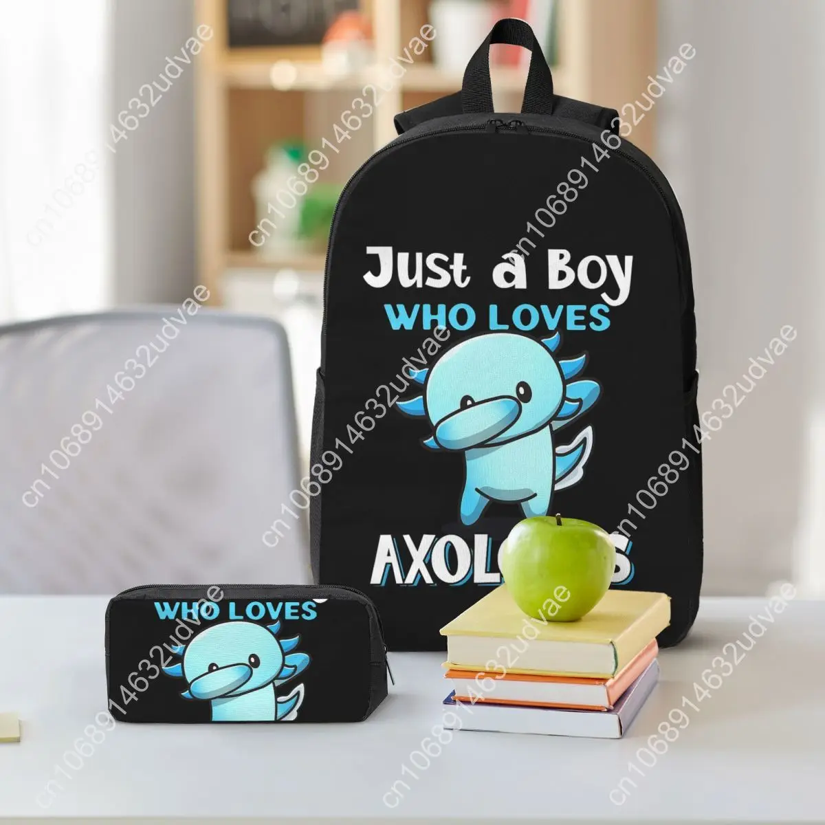 Just A Boy Who Loves Axolotls Backpack Student Boys Girls BookBag School Bag Shoulder Bags 3ps Insulated Lunch Bag Pencil Case