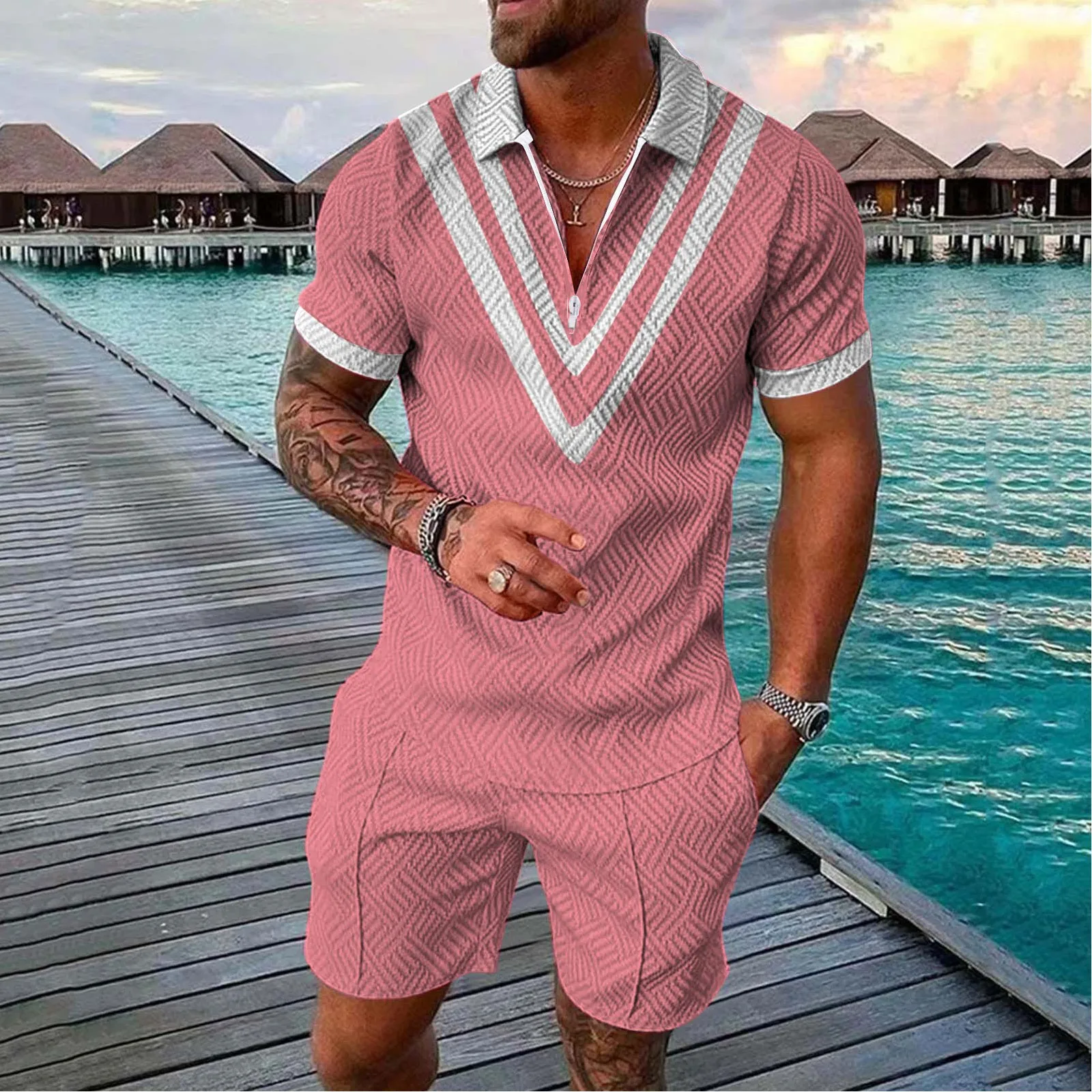 

Men's Trendy Comfortable Two Piece Men's Casual Travel Clashing Fashion Top with Zip Lapel Shirt Short Sleeve Shorts Set