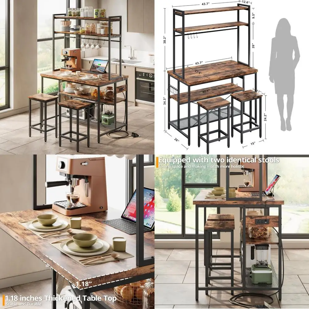 "Stylish Kitchen Island with Seating, Dining Table Set featuring Storage and Electrical Outlet, and Modern Coffee Bar Table for